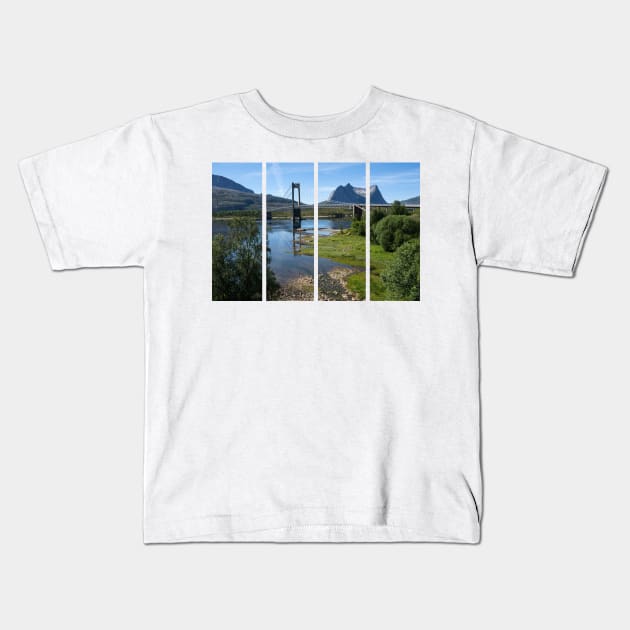 Wonderful landscapes in Norway. Nordland. Beautiful scenery of Kjerringstraumen Bru (Efjord bridges) on the Efjorden. Another planet background. It is located in Narvik municipality. Kids T-Shirt by fabbroni-art